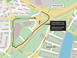 Karta som visar att Kolhamnsgatan norrut vid Eriksbergsmotet stängs och att trafiken leds om via Säterigatan.