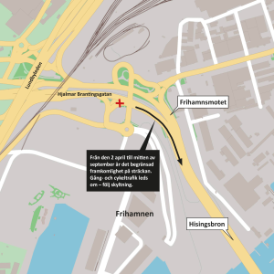 Karta som visar begränsad framkomlighet på Hjalmar Brantingsgatan i höjd med Frihamnsmotet