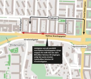 Karta som visar att sträckan mellan Vågmästareplatsen och Wieselgrensplatsen stängs. 