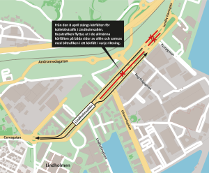 karta som visar hur buss och bil får dela körfält när kollektivtrafikkörfälten i LIndholmsallén stängs