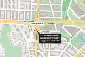Kartan visar avstäningar samt omledning av trafiken vid Hisingsgatan mars 2024.