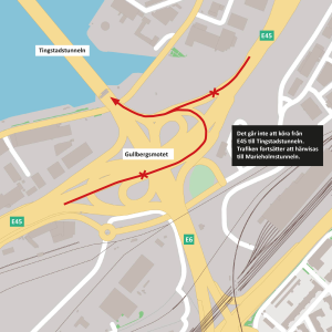 karta som visar att trafiken från e45 inte kan köra via Tingstadstunneln