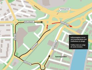 Karta som visar att Kolhamnsgatan norrut och Cronackersbron mot Lindholmen i Eriksbergsmotet är stängd.
