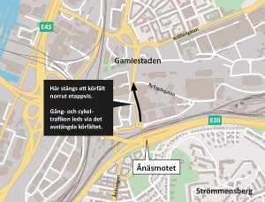Karta som visar att ett körfält stängs norrut på Gamlestadsvägen mellan rondellen Ånäsvägen och Byfogdegatan.