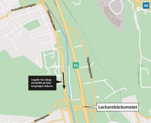 Karta som visar att ett körfält stängs på Göteborgsvägen söderut i höjd med Bifrostgatan.
