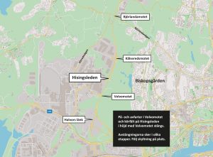 Karta som visar Hisingsleden och de nya planskilda trafikplatserna Volvomotet, Kålseredsmotet och Björlandamotet är utmarkerade.