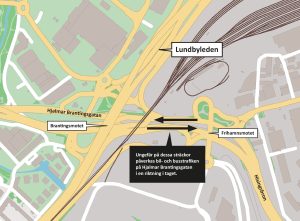 Karta som visar att bil- och busstrafiken påverkas på Hjalmar Brantingsgatan mellan Frihamnsmotet och Brantingsmotet