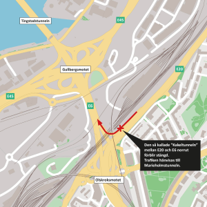 karta som visar att kakeltunneln mellan E20 och E6 norrut förblir stängd