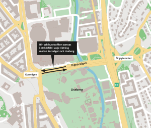 Karta som visar hur bil och buss delar körfält på Örgrytevägen