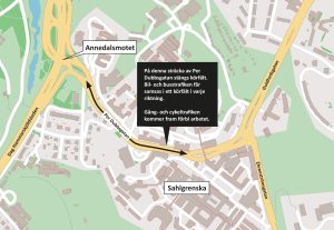 Karta som visar en sträcka längs Per Dubbsgatan där körfält stängs i varje riktning.