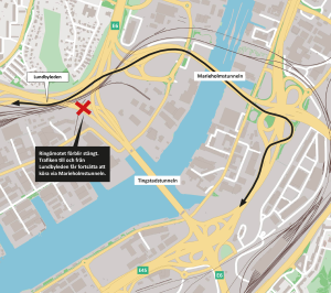 Karta som visar att Ringömotet är stängt och att trafiken till och från Lundbyleden får köra via Marieholmstunneln