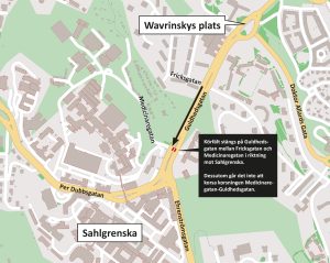 Karta som visar begränsningar på Guldhedsgatan mot Sahlgrenska och att man inte kan korsa korsningen Medicinaregatan-Guldhedsgatan.