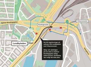 Karta som visar att det blir begränsad framkomlighet på avfarten från Lundbyleden mot Frihamnsmotet i Brantingsmotet. Men också att gång- och cykelvägen på den södra sidan av Hjalmar Brantingsgatan stängs.
