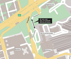 karta som visar att en del av Nils Ericsonsgatan får begränsad framkomlighet