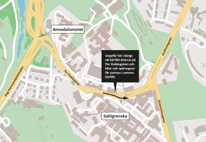 Karta som visar att ett körfält stängs österut på Per Dubbsgatan i höjd med Sahlgrenska.