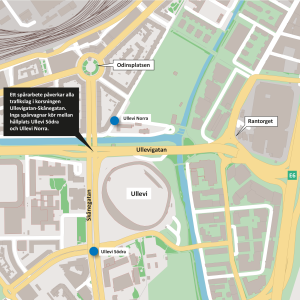 karta som visar att korsningen mellan Ullevigatan och Skånegatan påverkas av ett spårarbete