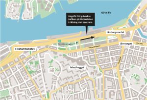 Karta som visar att trafiken på Oscarsleden mot centrum påverkas mellan Frihamnsmotet och Järntorgsmotet