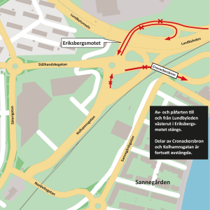 karta som visar att en av- och påfart till Lundbyleden stängs i Eriksbergsmotet