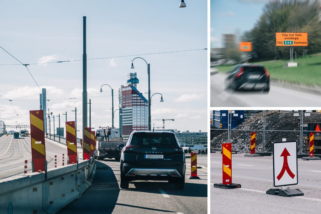 Kollage med tre bilder föreställande biltrafik på Hisingsbron med läppstiftet i bakgrunden.
