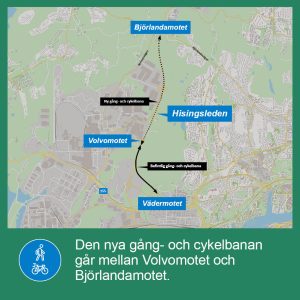 Karta som visar den nya gång- och cykelbanan på Hisingsleden mellan Volvomotet och Björlandamotet