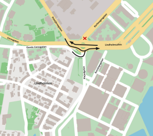 karta som visar hur trafiken går när Plejadgatan och Gamla Ceresgatan öppnar mot Lindholmsallén