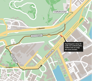 karta visar att regnbågsgatan stängs mot Lindholmsallén och trafiken leds om via Andromedagatan