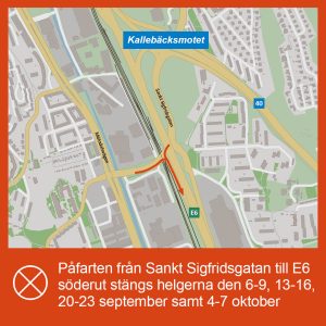 Karta som visar att påfarten från Sankt Sigfridsgatan till E6 söderut stängs.