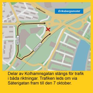 Karta visar att delar av Kolhamnsgatan stängs i båda riktningar och trafiken leds om via Säterigatan