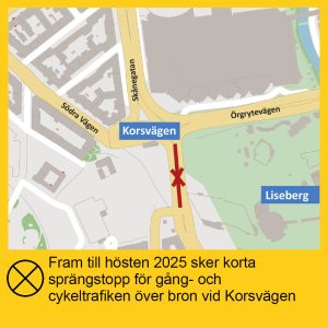 Kartan visar var sprängstopp sker för gång- och cykeltrafiken vid Korsvägen fram till hösten 2025.