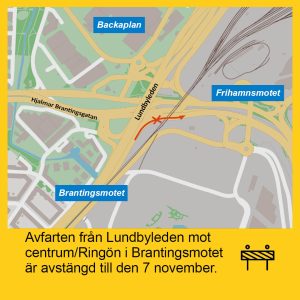 karta som visar att avfarten mot Centrum i Brantingsmotet är avstängd