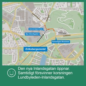 Karta som visar den nya sträckningen av Inlandsgatan i Eriksbergsmotet.