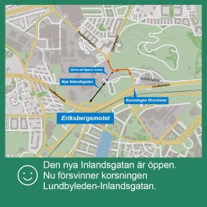 Karta som visar den nya sträckningen av Inlandsgatan i Eriksbergsmotet.