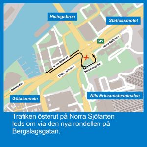 Karta som visar att trafiken österut på Norra Sjöfarten leds om via Bergslagsgatan