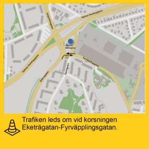 Karta över vägarbete och trafikomledning vid korsningen Eketrägatan-Fyrväpplingsgatan hösten 2024