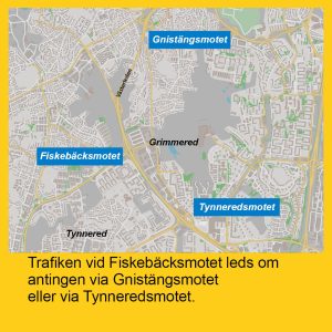 Karta som visar Gnistängsmotet, Fiskebäcksmotet och Tynneredsmotet längs Västerleden