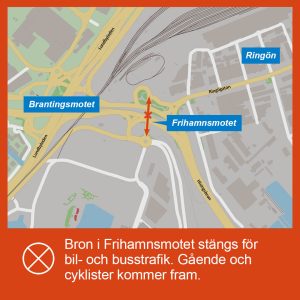 Karta som visar att bron i Frihamnsmotet stängs för bil- och busstrafik.