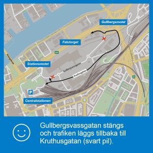 Karta som visar att Gullbergsvassgatan stängs och trafiken läggs tillbaka till Kruthusgatan