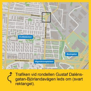 Karta som markerar ut rondellen Gustaf Dalénsgatan-Björlandavägen där trafiken leds om.