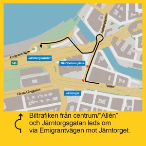 karta som visar att trafiken från Allén mot Järntorget leds om via Emigrantvägen