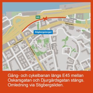 Karta som visar att gång- och cykelvägen längs E45 mellan Oskarsgatan och Djurgårdsgatan stängs.