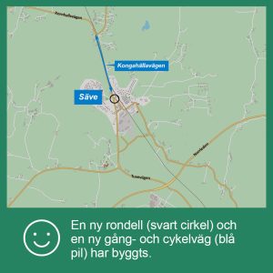 Karta som visar den nya rondellen på Kongahällavägen samt den nya gång- och cykelvägen mellan Säve stationsväg och Kornhallsvägen