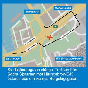 karta som visar att trafiken från Södra Sjöfarten mot Hisingsbron och E45 österut leds om via Stationsmotet