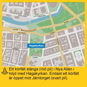 Karta över omledningen av trafiken på Nya Alllen januari-mars 2025.