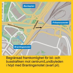 karta över brantingsmotet där det är begränsad framkomlighet på hjalmar brantingsgatan