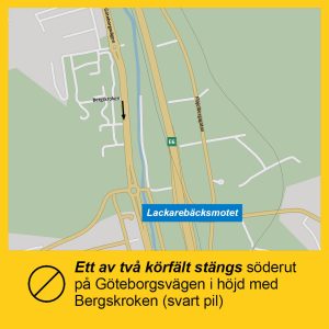 Karta som visar att ett körfält stängs söderut på Göteborgsvägen i höjd med Bergskroken.