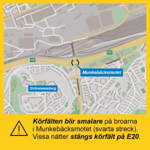 Karta som markerar ut var trafiken påverkas på broarna i Munkebäcksmotet.