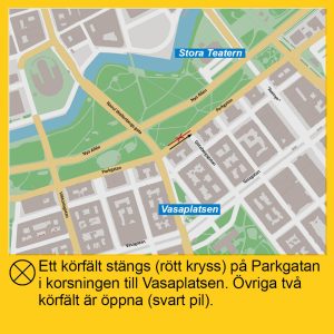 Karta över omledningen vid Parkgatan januari till mars 2025