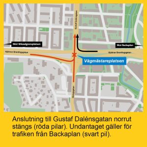 Karta som visar att anslutningen mot Gustaf Dalénsgatan norrut vid Vågmästareplatsen stängs