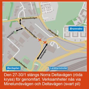 Karta över omledning vid Norra Deltavägen när gatan stängs för genomfartstrafik januari 2025.