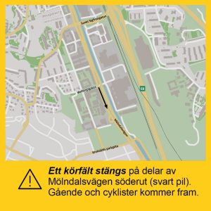 Karta som visar att ett körfält stängs på Mölndalsvägen söderut i höjd med Varbergsgatan